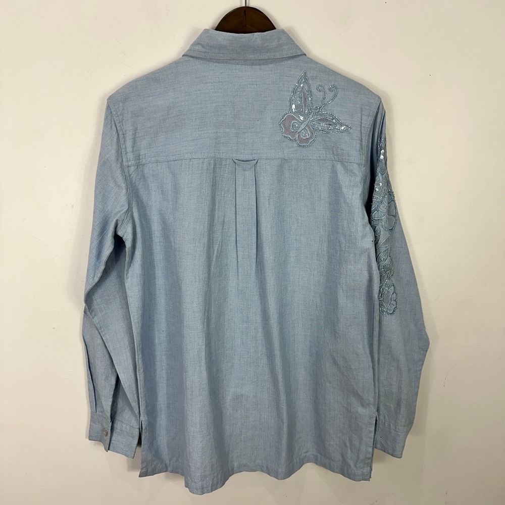Quacker Factory Button Up Shirt Womens Small Floral Butterfly Sequin Embroidered - Picture 8 of 8